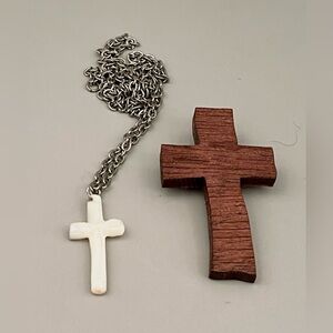 Vintage Carved Mother of Pearl Cross Pendant Necklace & Wood Cross Pin Christian